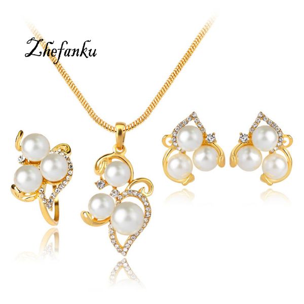 charming jewelry three-piece bridal alloy simulated-pearl necklaces/ rings/ earrings jewelry set, Slivery;golden